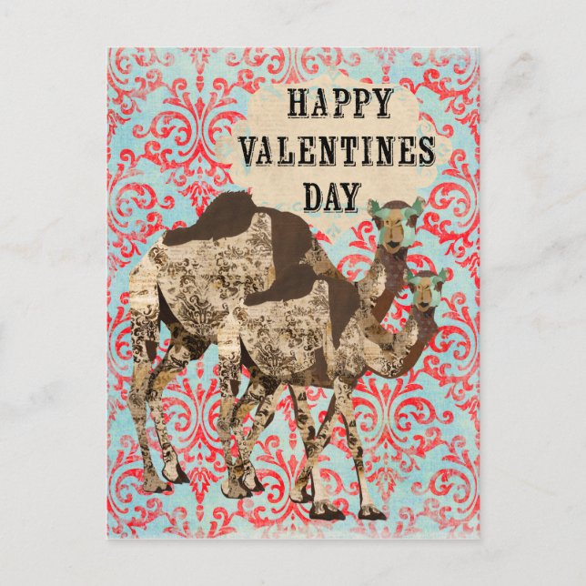 Ornate Boho Camels Valentines Day Postcard (Front)