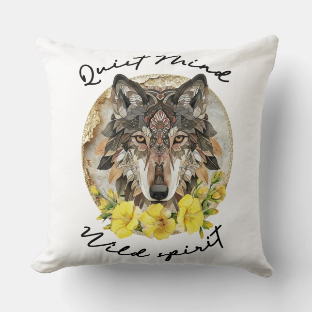 Ornate Boho Wolf with Yellow Flowers Cushion (Front)