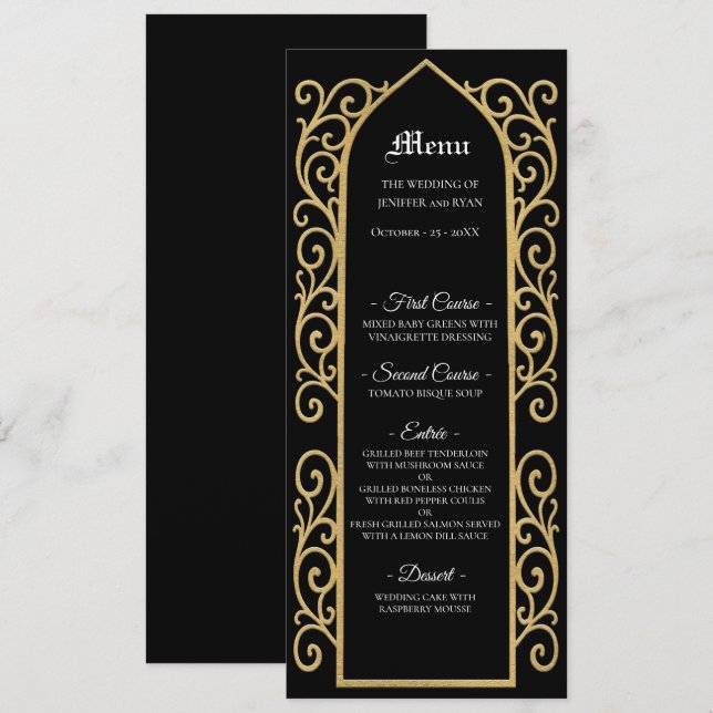 Ornate border black and gold Gothic Wedding Menu (Front/Back)