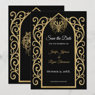 Ornate border black and gold wedding save the date announcement