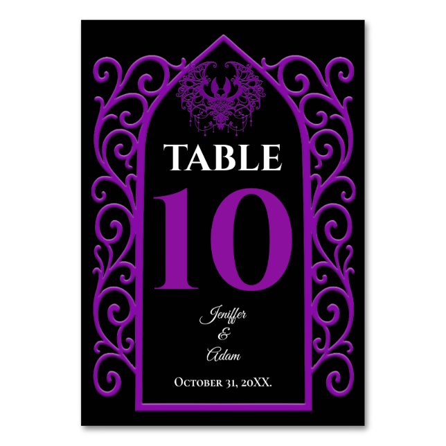 Ornate border black and purple Gothic Wedding Table Number (Front)