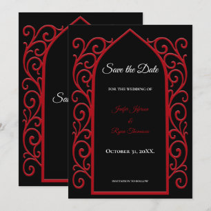 Ornate border black and red wedding save the date announcement