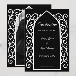 Ornate border black and whit wedding save the date announcement