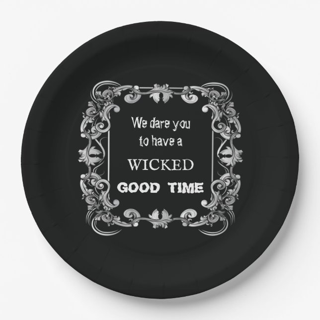 Ornate Border Black Halloween Paper Plate (Front)
