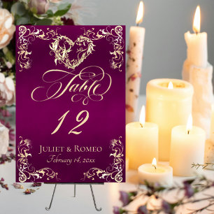 Ornate Border & Heart - Plum Table Number