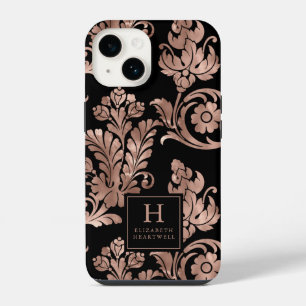 Ornate Botanical Pattern Monogram Rose Gold Black iPhone 14 Case
