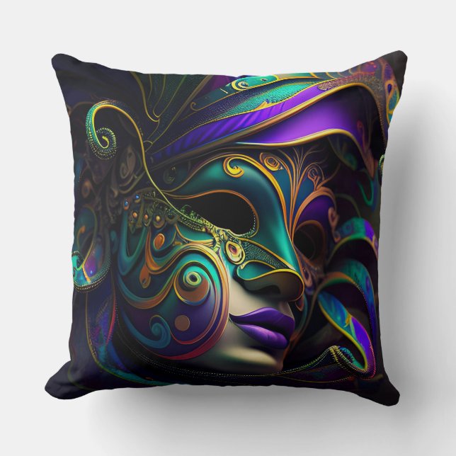 ORNATE BRIGHTLY COLORED MARDI GRAS MASK CUSHION (Front)