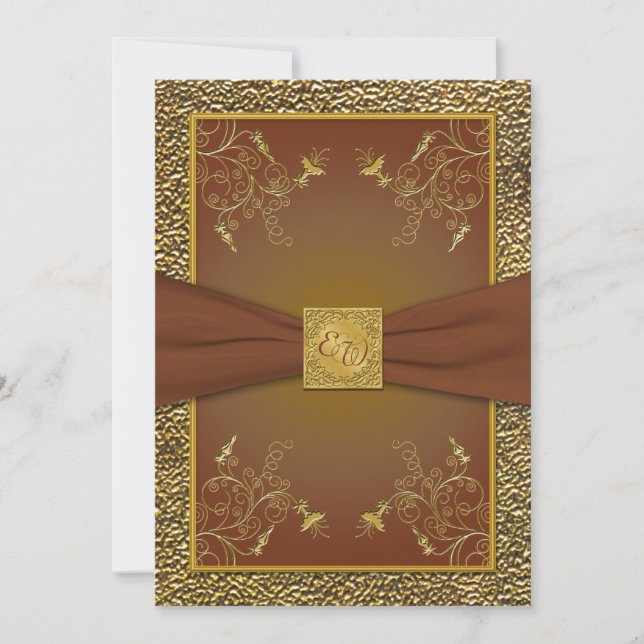 Ornate Brown and Gold Monogram Wedding Invitation (Front)