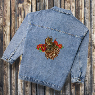 Ornate Brown Decorative Owl Red Roses Blue Denim Jacket