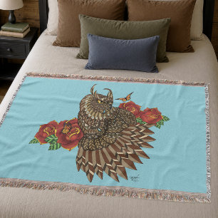 Ornate Brown Decorative Owl Red Roses Blue Throw Blanket