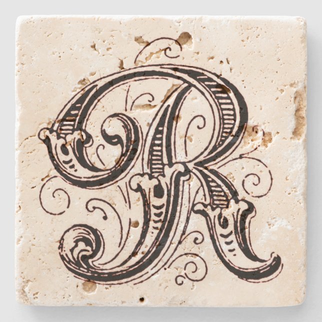 Ornate Brown Monogram ‘R’ Stone Coaster (Front)