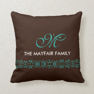 Ornate Brown Teal White Family Monogram Design Cushion