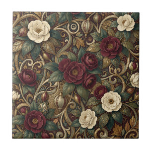 Ornate Burgundy Floral and Gold Lantern Vintage Ceramic Tile