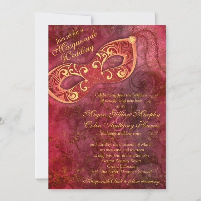 Ornate Burgundy Gold Masquerade Ball Wedding Invitation (Front)