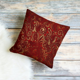 Ornate Burgundy Red Gold Flowers Bohemian Paisley Cushion
