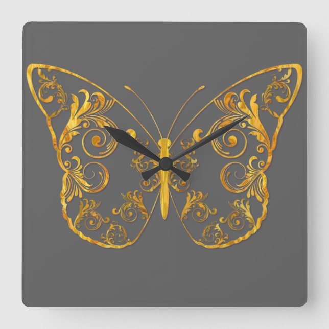 Ornate Butterfly Square Wall Clock (Front)