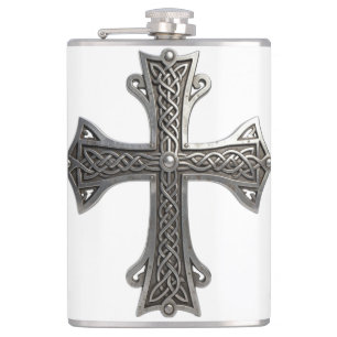 Ornate Celtic Silver Cross with Intricate Knot Pat Hip Flask
