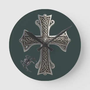 Ornate Celtic Silver Cross with Intricate Knot Pat Round Clock