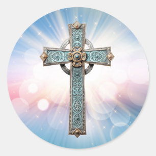 Ornate Chriistian Cross Classic Round Sticker