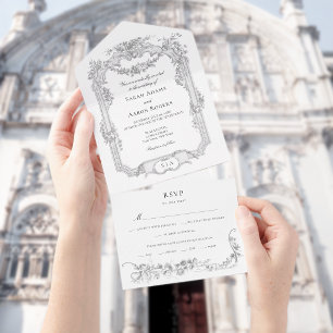 Ornate Classic French Rose Garland Wedding All In One Invitation