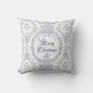 Ornate Classic Vintage Merry Christmas Blue Toile Cushion