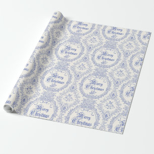Ornate Classic Vintage Merry Christmas Blue Toile Wrapping Paper