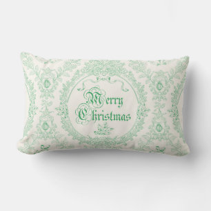 Ornate Classic Vintage Merry Christmas Green Toile Lumbar Cushion