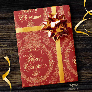 Ornate Classic Vintage Merry Christmas Red Gold Wrapping Paper