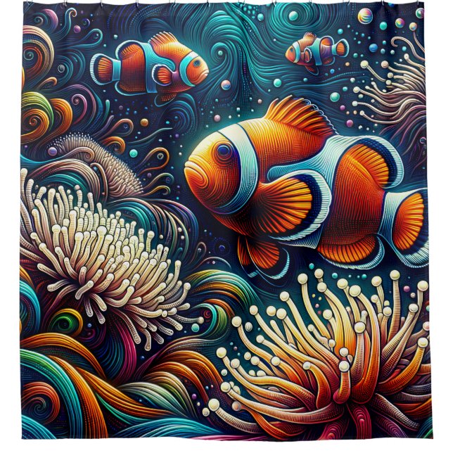 “Ornate Clownfish Coral Reef Art” Shower Curtain (Front)