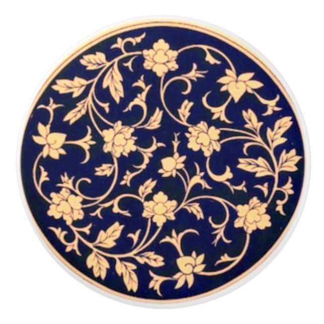 Ornate Cobalt Blue & Gold Ceramic Drawer Pull (Front)