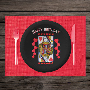 Ornate Colourful Heart Queen Playing Card Black Paper Plate