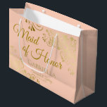 Ornate Coral Peach & Gold Maid of Honour Wedding Large Gift Bag<br><div class="desc">This beautiful gift bag is designed as a wedding gift or favour bag for the Maid of Honour. It features a beautiful coral peach or pale orange coloured background with lacy golden faux foil curls and swirls in the corners. The gold script lettering reads "Maid of Honour" with a place...</div>