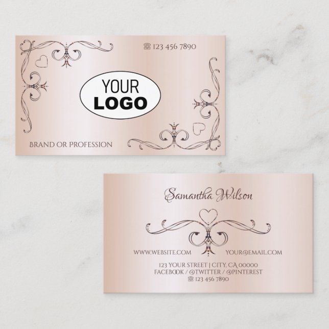 Ornate Corner with Logo Shimmery Rose Pastel Pink Business Card (Front/Back)