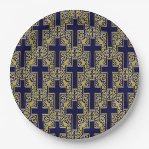Ornate Cross 24 Blue-Gold-PAPER PARTY PLATES