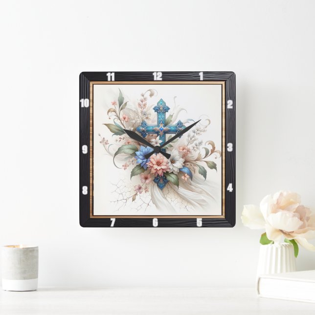Ornate Cross Floral Elegance  Square Wall Clock (Home)