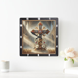 Ornate Cross Gothic Cathedral  Square Wall Clock