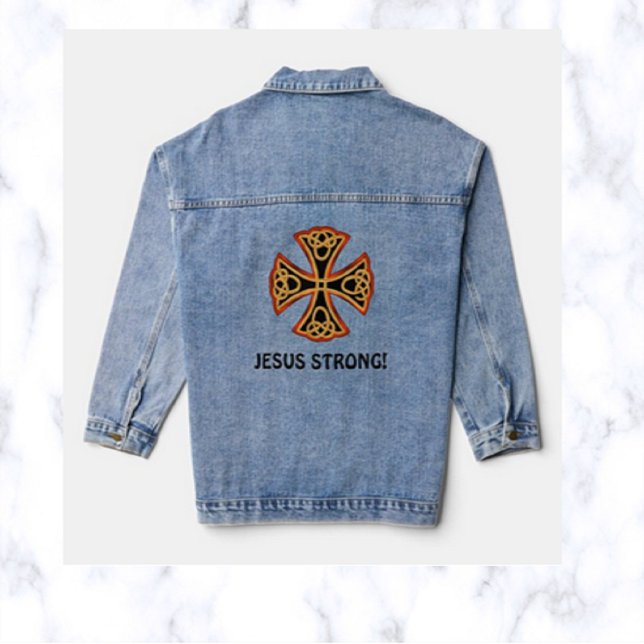 Ornate Cross Jesus Strong Denim Jacket (Creator Uploaded)
