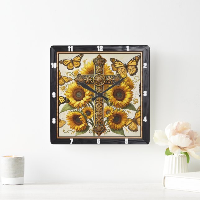 Ornate Cross Sunflowers Butterflies  Square Wall Clock (Home)
