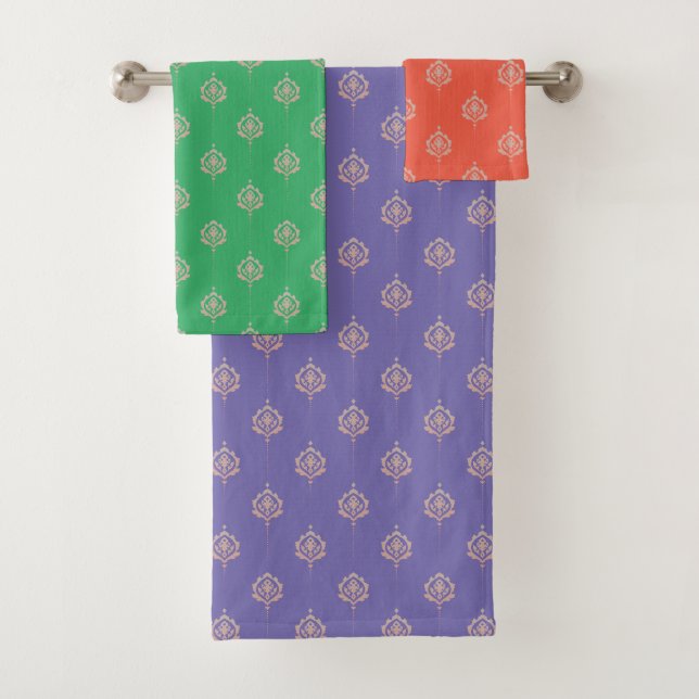 Ornate Damask Pattern in Orange, Purple & Green Bath Towel Set (Insitu)
