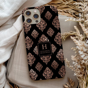 Ornate Damask Pattern Monogram Rose Gold Black Case-Mate iPhone 14 Case