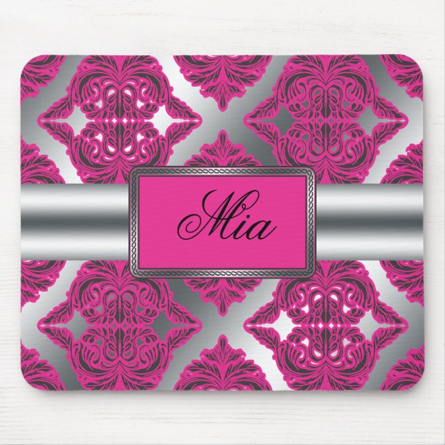 Ornate Damask Pink, Black, Silver Mouse Pad (Front)