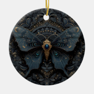 Ornate Dark Blue Butterfly with Gold Filigree Ceramic Ornament