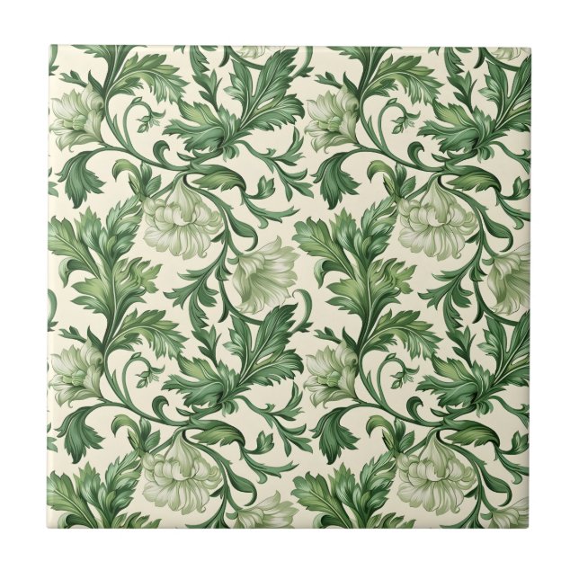 Ornate dark green acanthus leaves pattern ceramic tile (Front)