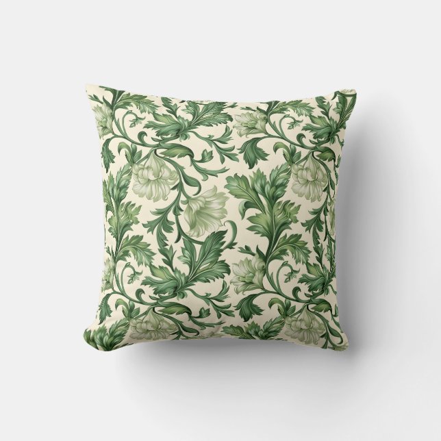 Ornate dark green acanthus leaves pattern cushion (Front)