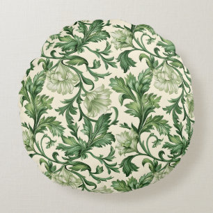 Ornate dark green acanthus leaves pattern round cushion