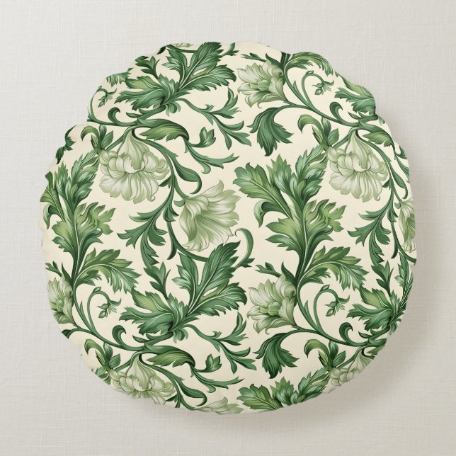 Ornate dark green acanthus leaves pattern round cushion (Front)