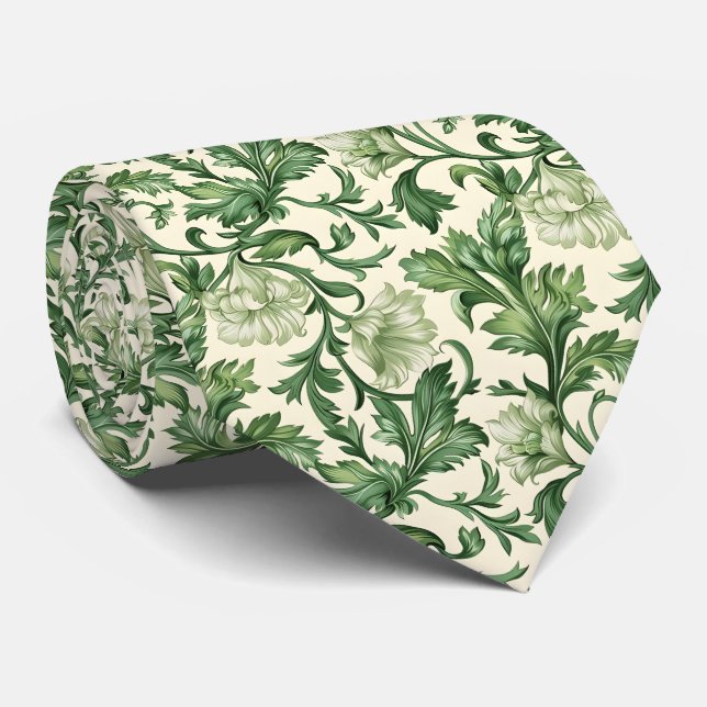 Ornate dark green acanthus leaves pattern tie (Rolled)