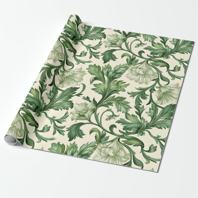 Ornate dark green acanthus leaves pattern wrapping paper (Unrolled)