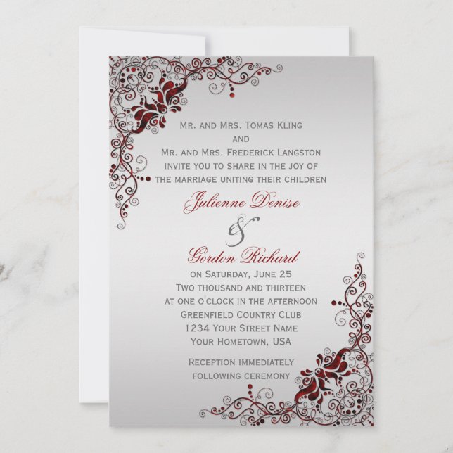 Ornate Deep Red and Silver Floral Swirls Weddings Invitation (Front)