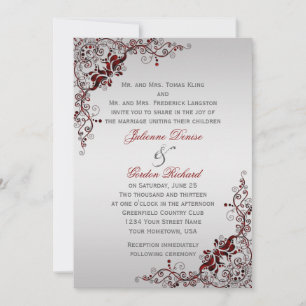 Ornate Deep Red and Silver Floral Swirls Weddings Invitation
